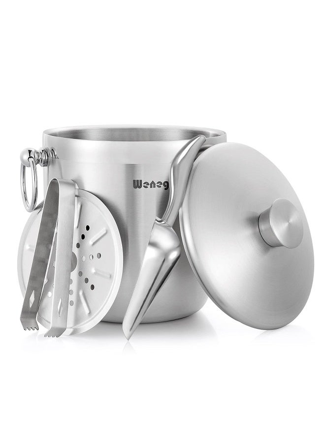 WENEGG Ice Bucket with Lid, Scoop, Tongs and Strainer - Well Made Insulated Stainless Steel Keep Ice Frozen Longer - Ideal for Cocktail Bar, Parties, Chilling Wine, Champagne - 3 Liter (Stainless Steel) - Image 1